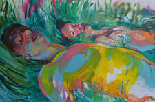 K. Bukovčáková: Tragédia (2015), akryl a sprej na plátne, 120 x 180 cm
