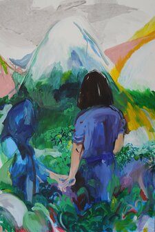 K. Bukovčáková: Autoportrét na hore (2015), akryl, tuš a vodové farby na plátne, 100 x 150 cm